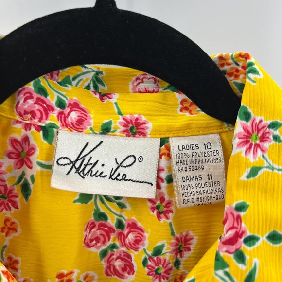 Vintage Bright Yellow Floral Pink Peony Skirt Blouse Button Boho Women's 10 - Picture 6 of 7